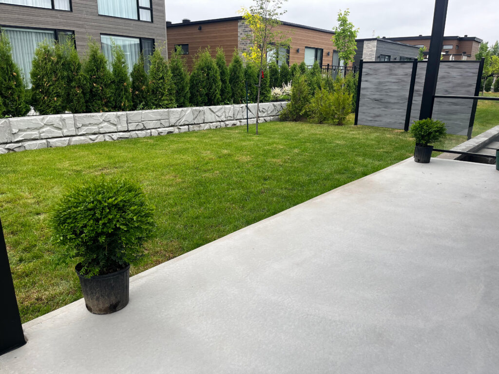 Muret de pierre avec des haies de cèdres